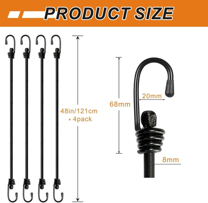 BEXSLE Bungee Cords with Hooks, Heavy Duty Outdoor Elastic Bungee Straps，No Odour Industrial Grade Bungee Rope for Securing Tarps, Luggage, Tents, Bikes or Garden Tidying 48inch 4Pcs (Black) - Image 5